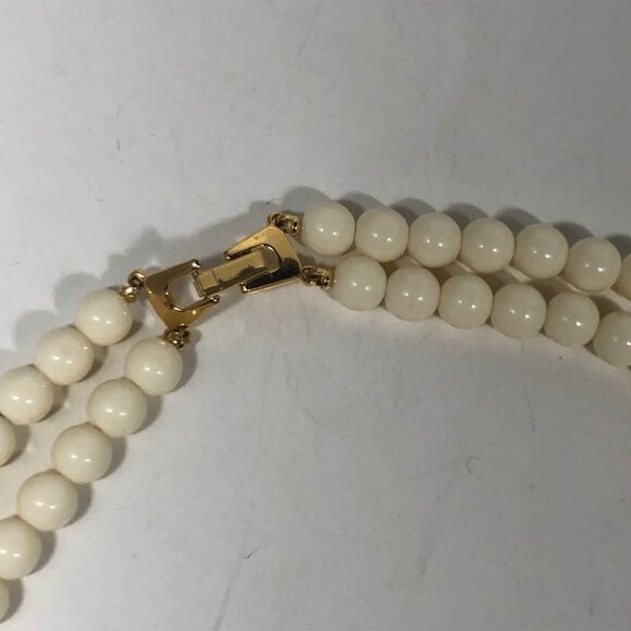 Two Strand Ivory Gray Beige Gold Tone Beaded Layered 18 Necklace Foldover Clasp - Picture 5 of 5